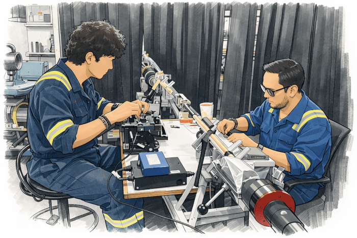 Technicians working on fiber-optic cable